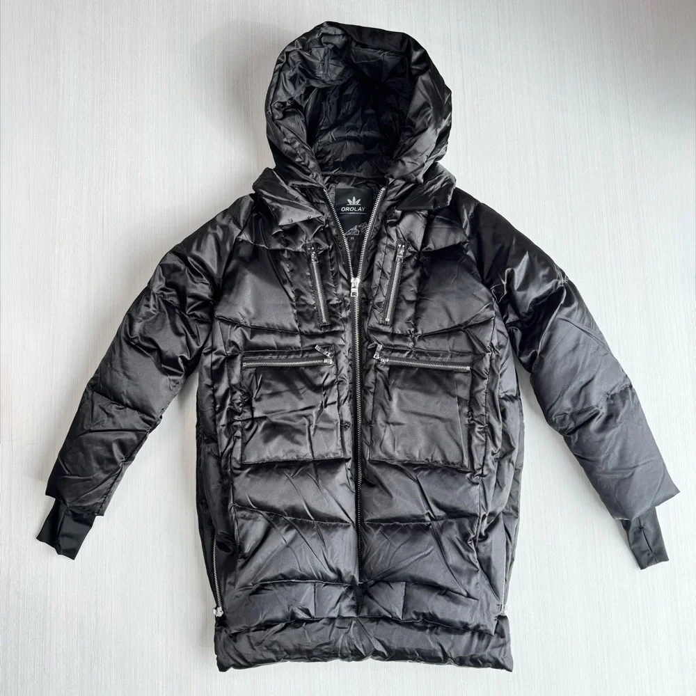 OROLAY‎ Thickened Down Coat XS Black Puffer Hooded Utility Jacket Outdoor Casual
